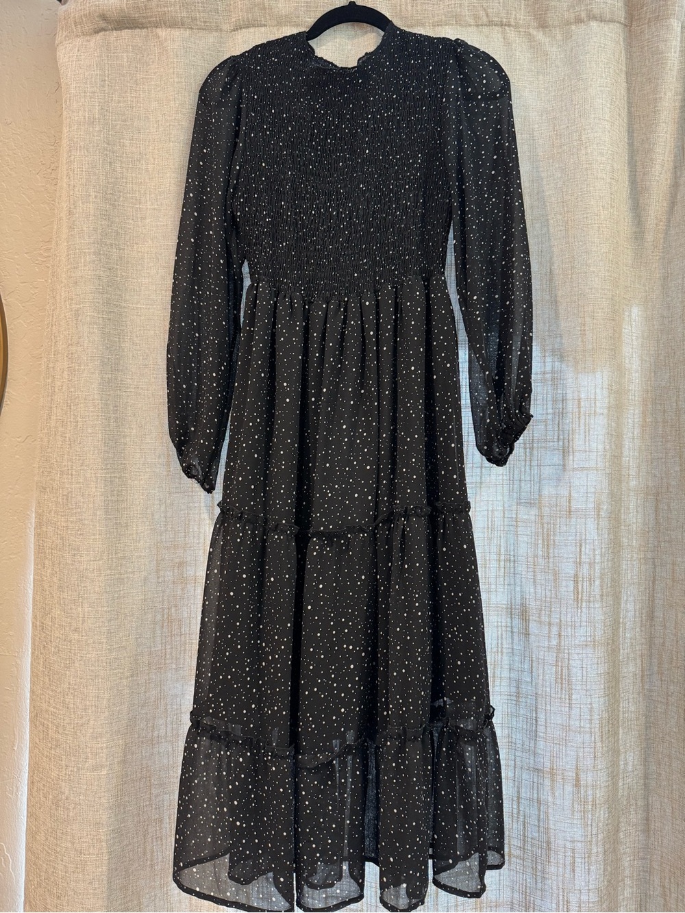 Black Smocked Tiered Maxi Dress with Subtle Dot Print